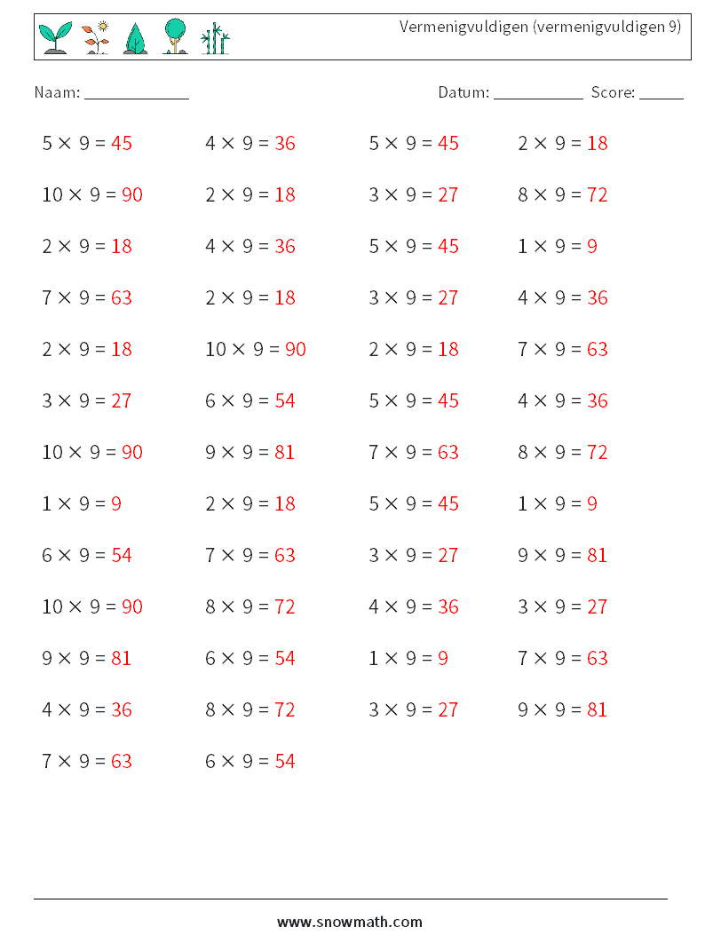 (50) Vermenigvuldigen (vermenigvuldigen 9) Wiskundige werkbladen 5 Vraag, Antwoord