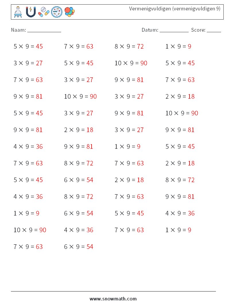 (50) Vermenigvuldigen (vermenigvuldigen 9) Wiskundige werkbladen 6 Vraag, Antwoord