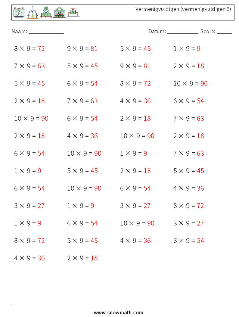 (50) Vermenigvuldigen (vermenigvuldigen 9) Wiskundige werkbladen 7 Vraag, Antwoord