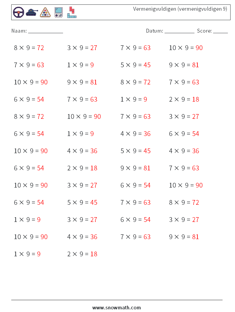 (50) Vermenigvuldigen (vermenigvuldigen 9) Wiskundige werkbladen 8 Vraag, Antwoord