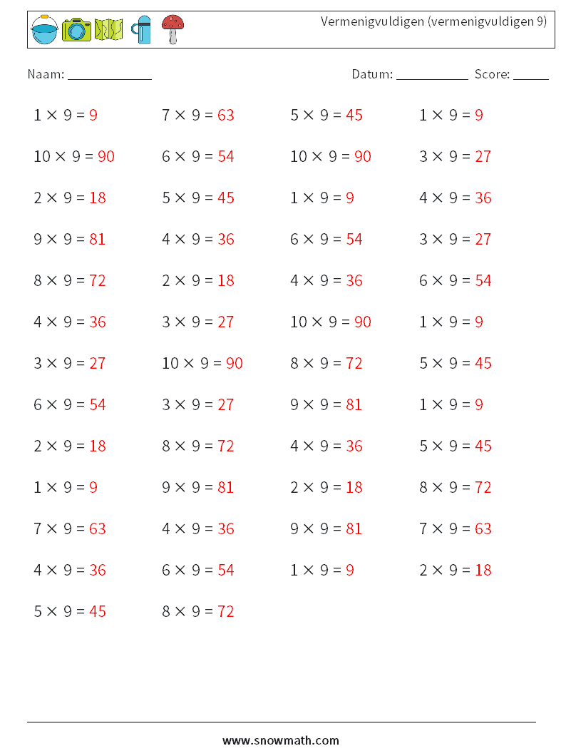 (50) Vermenigvuldigen (vermenigvuldigen 9) Wiskundige werkbladen 9 Vraag, Antwoord