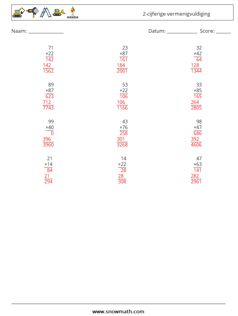 (12) 2-cijferige vermenigvuldiging Wiskundige werkbladen 10 Vraag, Antwoord