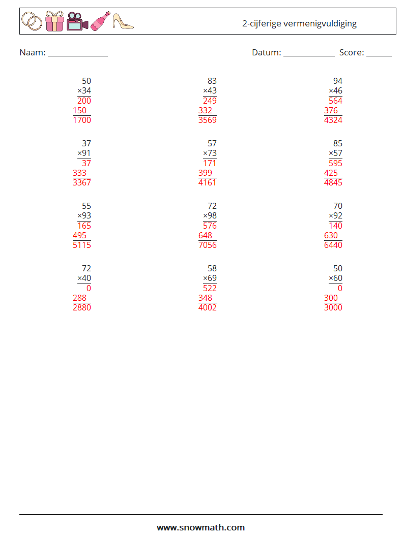 (12) 2-cijferige vermenigvuldiging Wiskundige werkbladen 11 Vraag, Antwoord