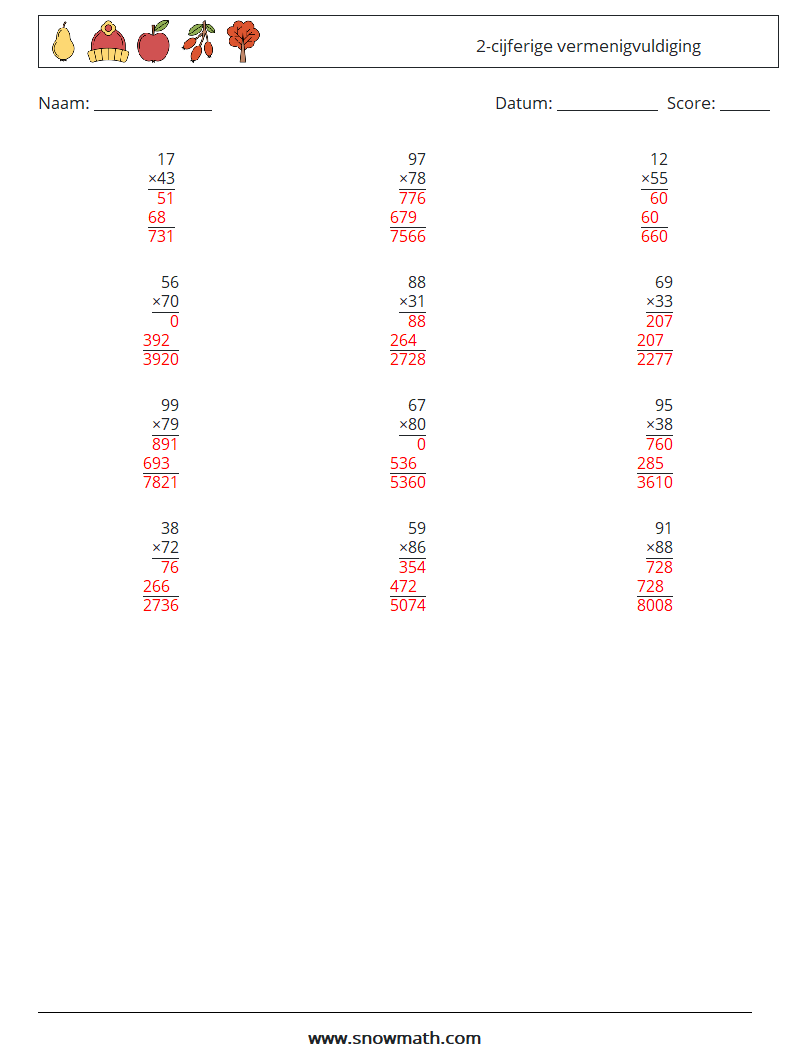 (12) 2-cijferige vermenigvuldiging Wiskundige werkbladen 12 Vraag, Antwoord