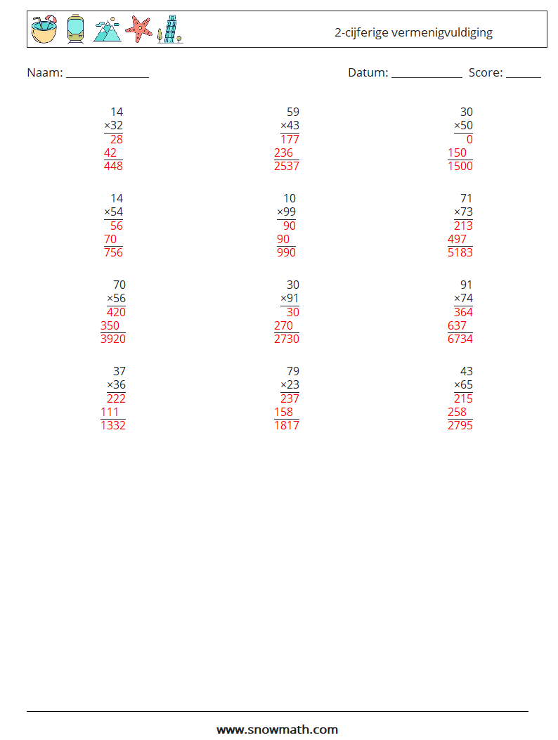 (12) 2-cijferige vermenigvuldiging Wiskundige werkbladen 14 Vraag, Antwoord