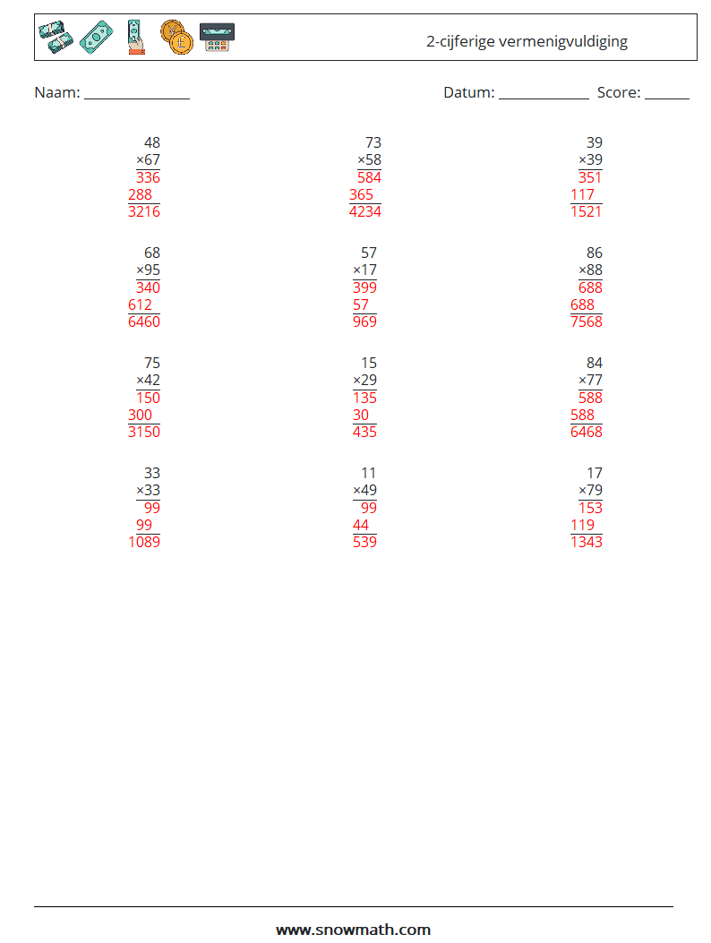 (12) 2-cijferige vermenigvuldiging Wiskundige werkbladen 16 Vraag, Antwoord