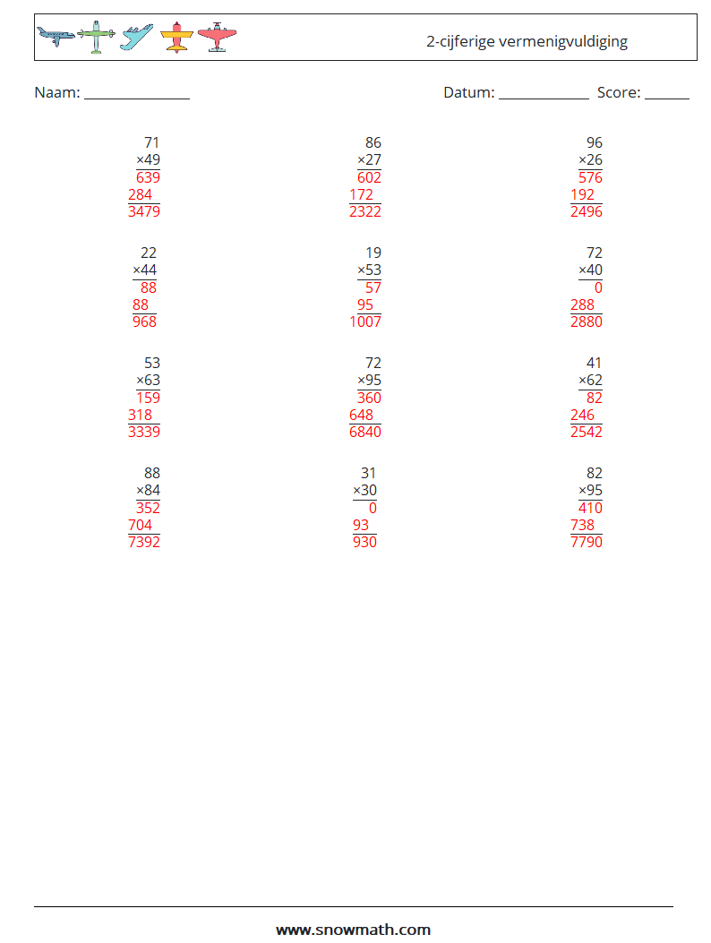 (12) 2-cijferige vermenigvuldiging Wiskundige werkbladen 17 Vraag, Antwoord