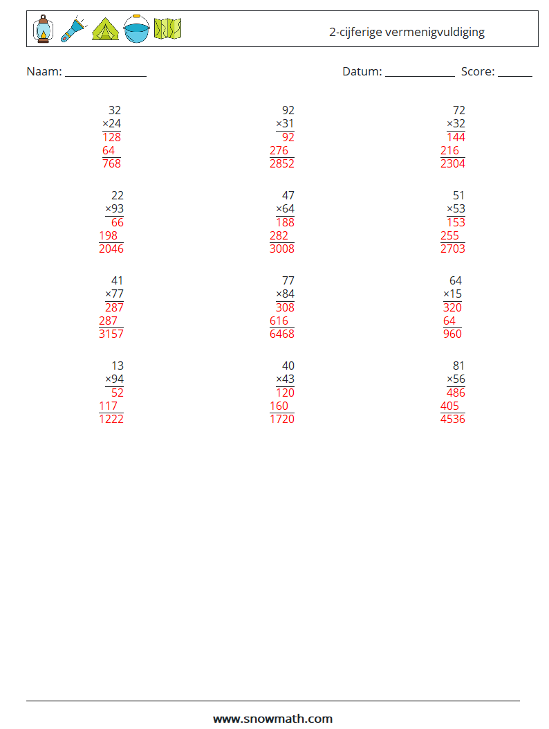 (12) 2-cijferige vermenigvuldiging Wiskundige werkbladen 1 Vraag, Antwoord