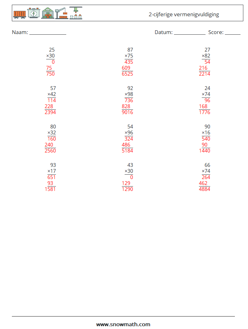 (12) 2-cijferige vermenigvuldiging Wiskundige werkbladen 3 Vraag, Antwoord