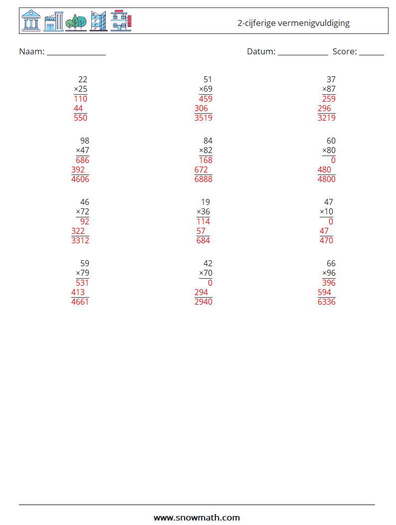 (12) 2-cijferige vermenigvuldiging Wiskundige werkbladen 5 Vraag, Antwoord
