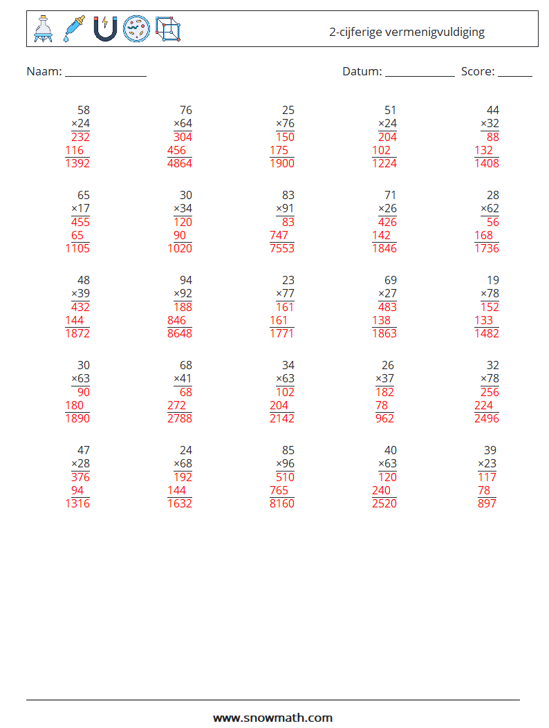 (25) 2-cijferige vermenigvuldiging Wiskundige werkbladen 10 Vraag, Antwoord