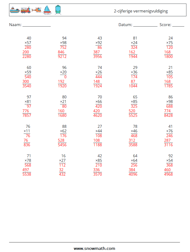 (25) 2-cijferige vermenigvuldiging Wiskundige werkbladen 11 Vraag, Antwoord