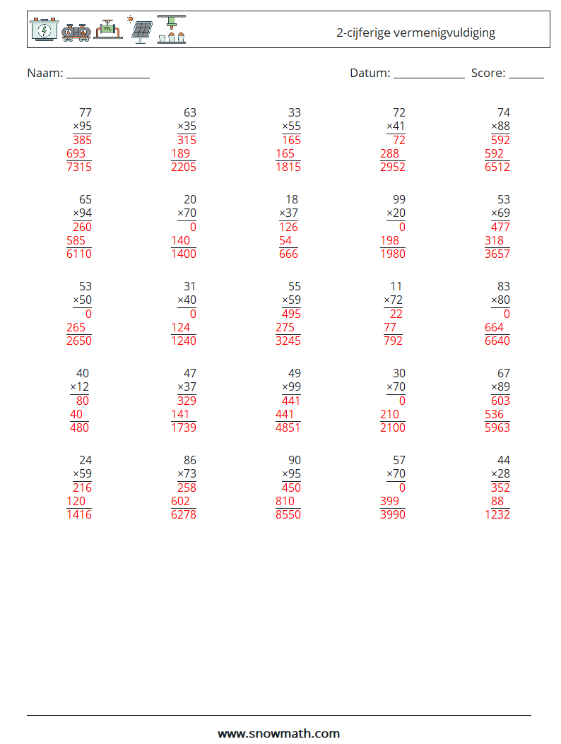 (25) 2-cijferige vermenigvuldiging Wiskundige werkbladen 12 Vraag, Antwoord