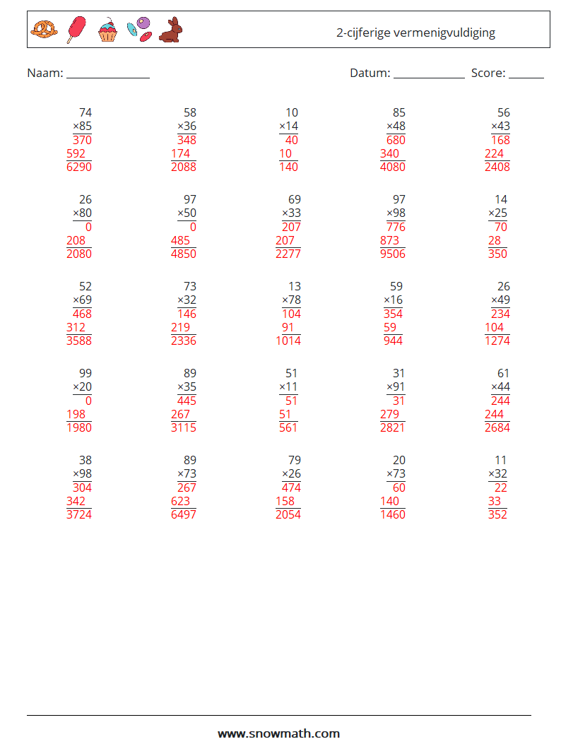 (25) 2-cijferige vermenigvuldiging Wiskundige werkbladen 13 Vraag, Antwoord