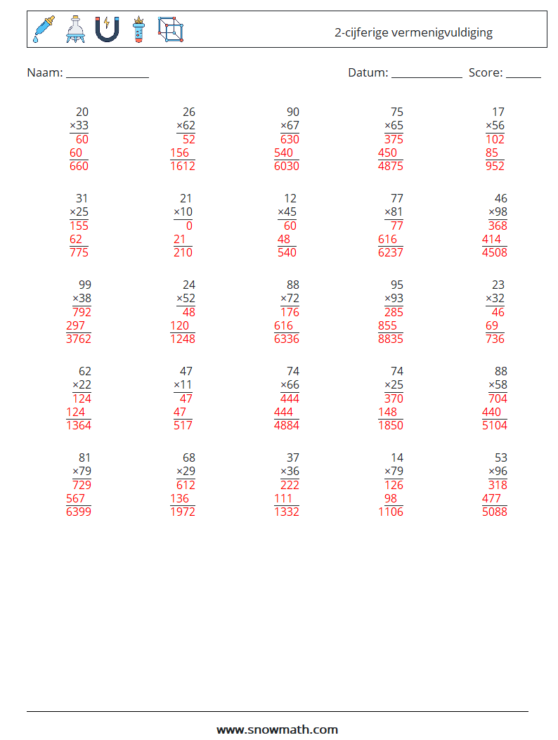 (25) 2-cijferige vermenigvuldiging Wiskundige werkbladen 14 Vraag, Antwoord