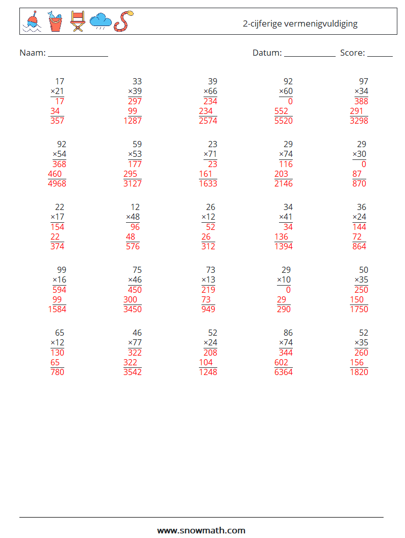 (25) 2-cijferige vermenigvuldiging Wiskundige werkbladen 15 Vraag, Antwoord