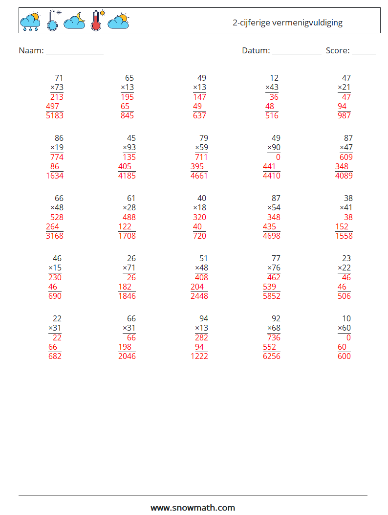 (25) 2-cijferige vermenigvuldiging Wiskundige werkbladen 16 Vraag, Antwoord