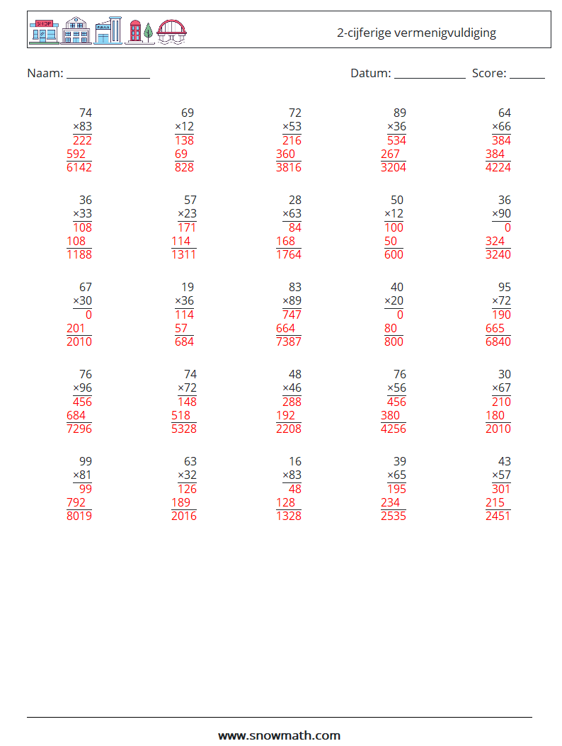 (25) 2-cijferige vermenigvuldiging Wiskundige werkbladen 17 Vraag, Antwoord