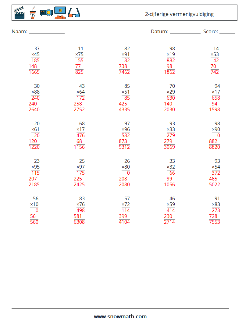 (25) 2-cijferige vermenigvuldiging Wiskundige werkbladen 18 Vraag, Antwoord