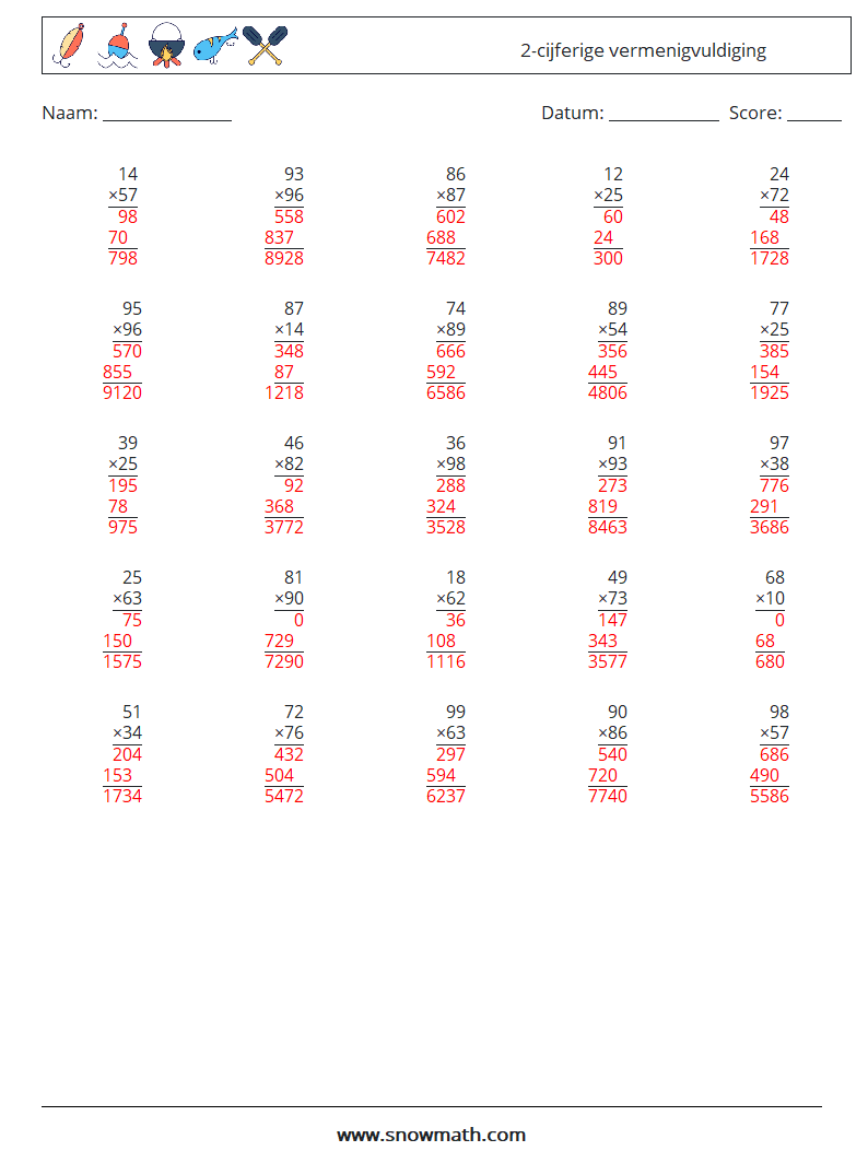 (25) 2-cijferige vermenigvuldiging Wiskundige werkbladen 1 Vraag, Antwoord