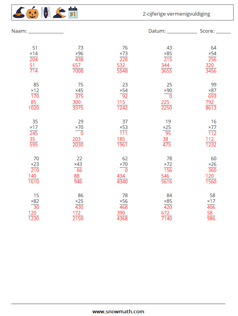 (25) 2-cijferige vermenigvuldiging Wiskundige werkbladen 2 Vraag, Antwoord