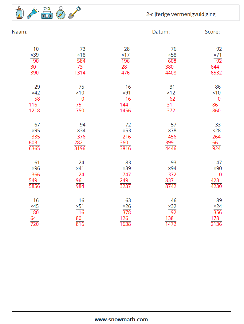 (25) 2-cijferige vermenigvuldiging Wiskundige werkbladen 3 Vraag, Antwoord