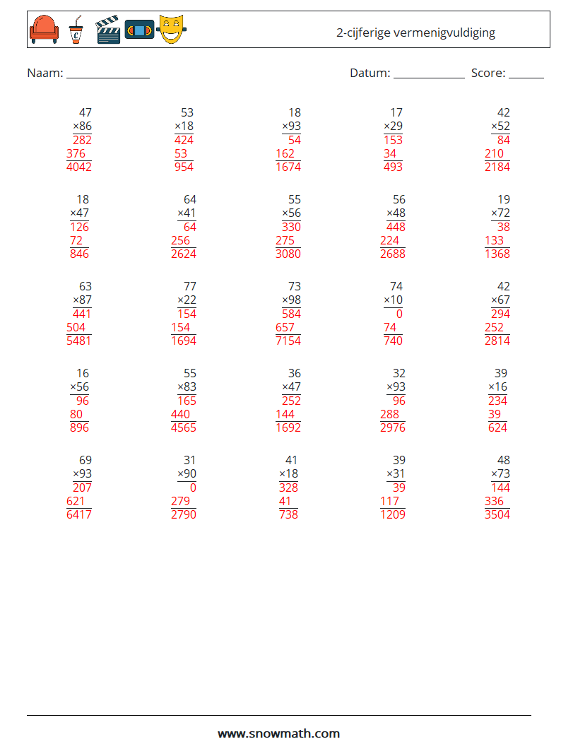 (25) 2-cijferige vermenigvuldiging Wiskundige werkbladen 4 Vraag, Antwoord