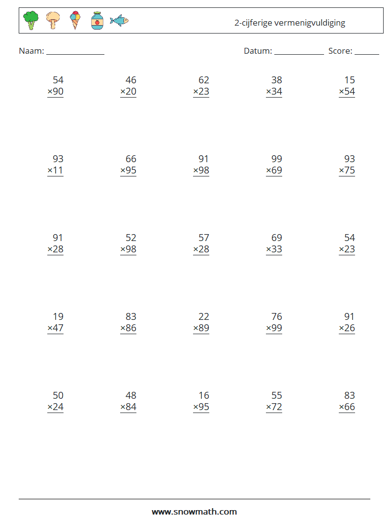 (25) 2-cijferige vermenigvuldiging Wiskundige werkbladen 5