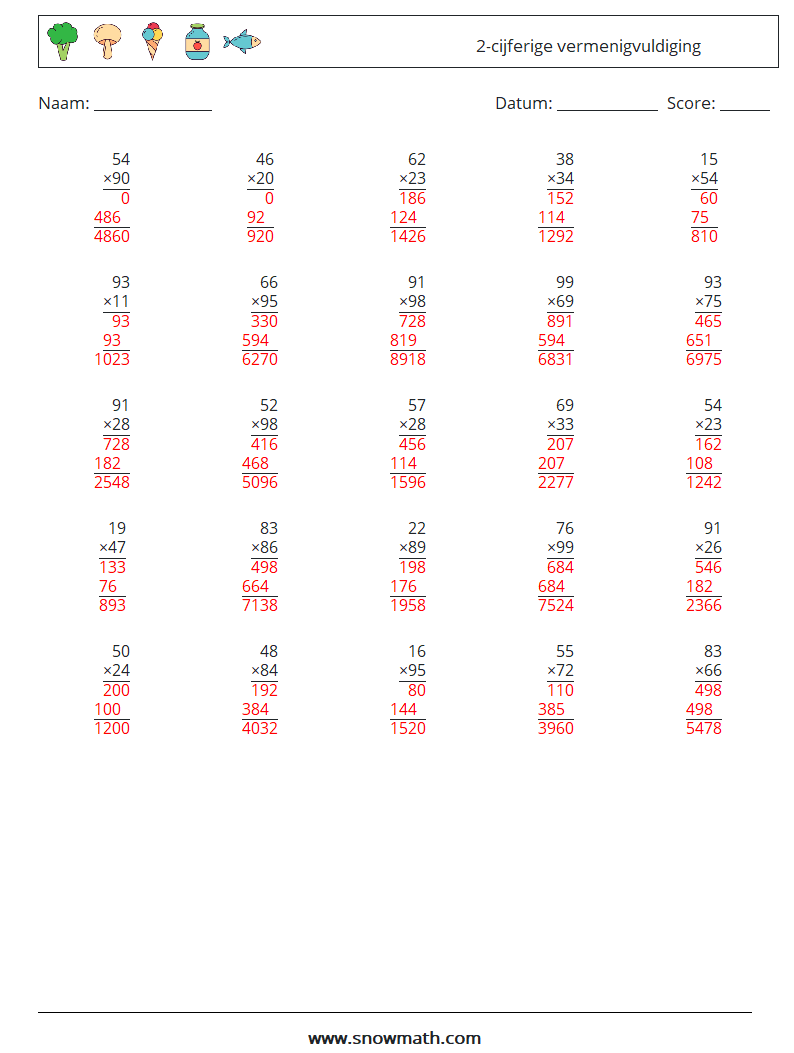 (25) 2-cijferige vermenigvuldiging Wiskundige werkbladen 5 Vraag, Antwoord