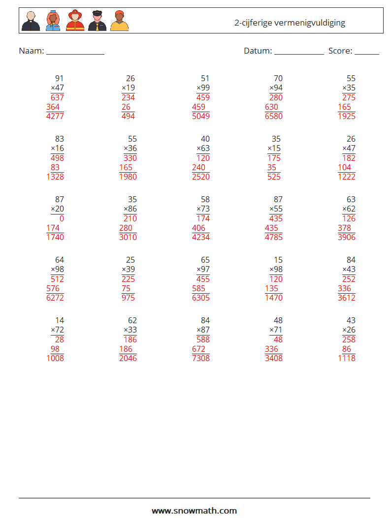 (25) 2-cijferige vermenigvuldiging Wiskundige werkbladen 6 Vraag, Antwoord