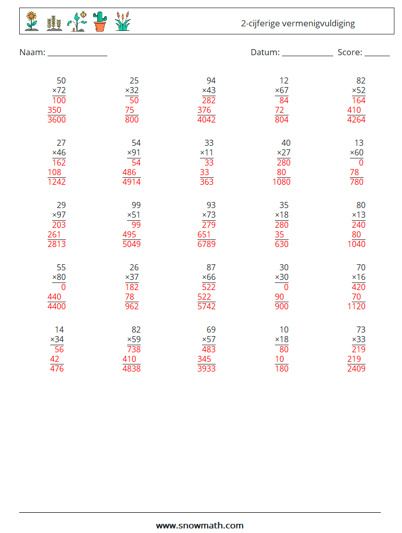 (25) 2-cijferige vermenigvuldiging Wiskundige werkbladen 7 Vraag, Antwoord