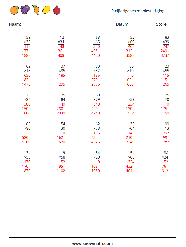 (25) 2-cijferige vermenigvuldiging Wiskundige werkbladen 9 Vraag, Antwoord