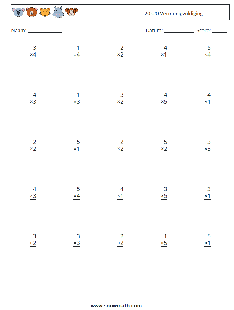 (25) 20x20 Vermenigvuldiging Wiskundige werkbladen 10