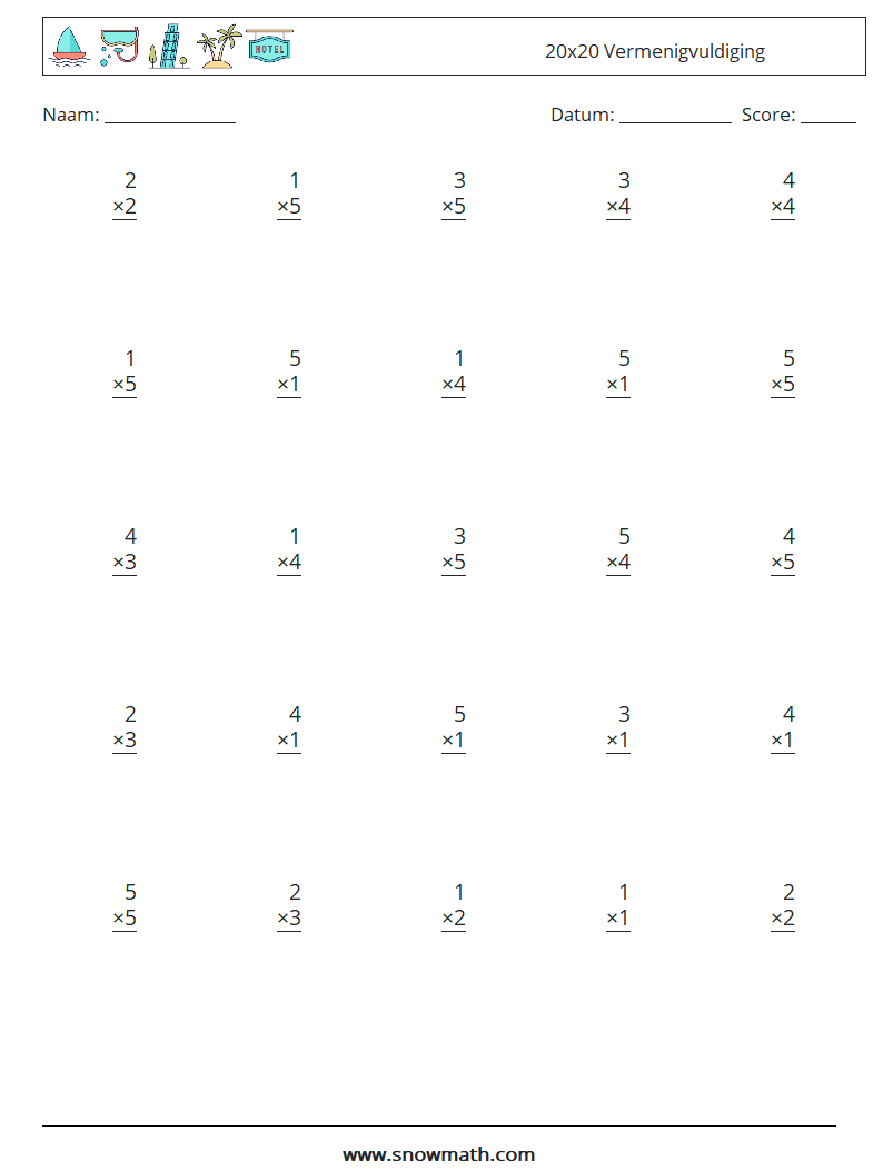 (25) 20x20 Vermenigvuldiging Wiskundige werkbladen 13