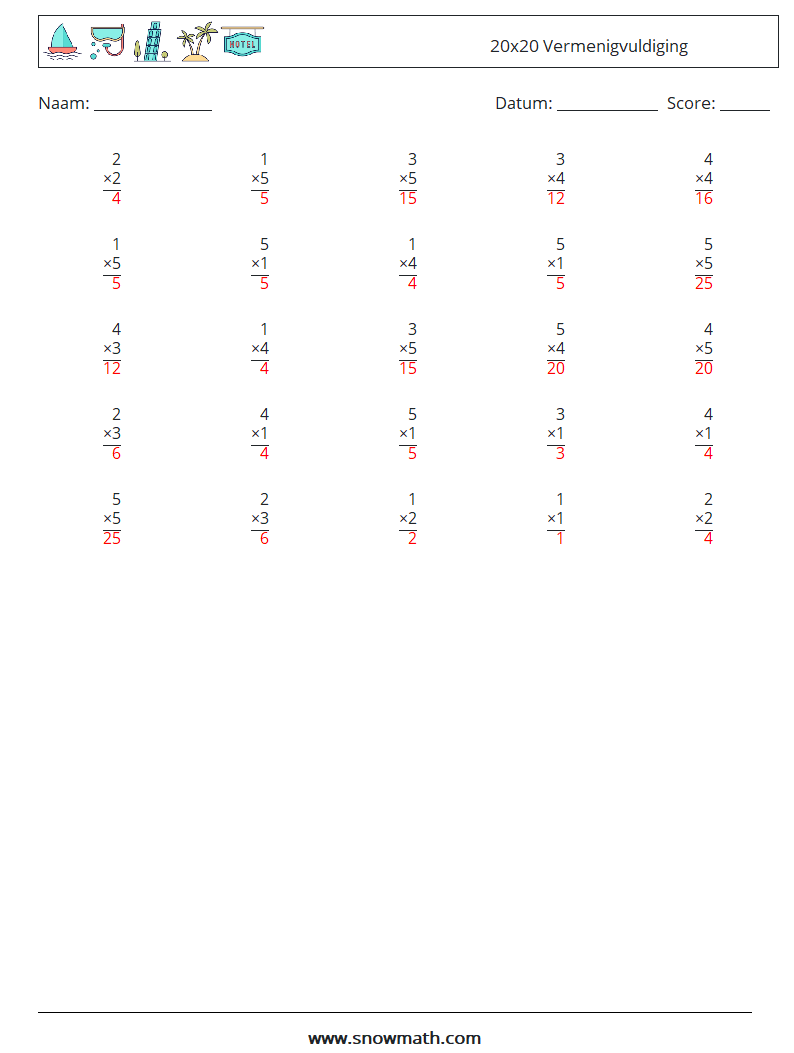 (25) 20x20 Vermenigvuldiging Wiskundige werkbladen 13 Vraag, Antwoord