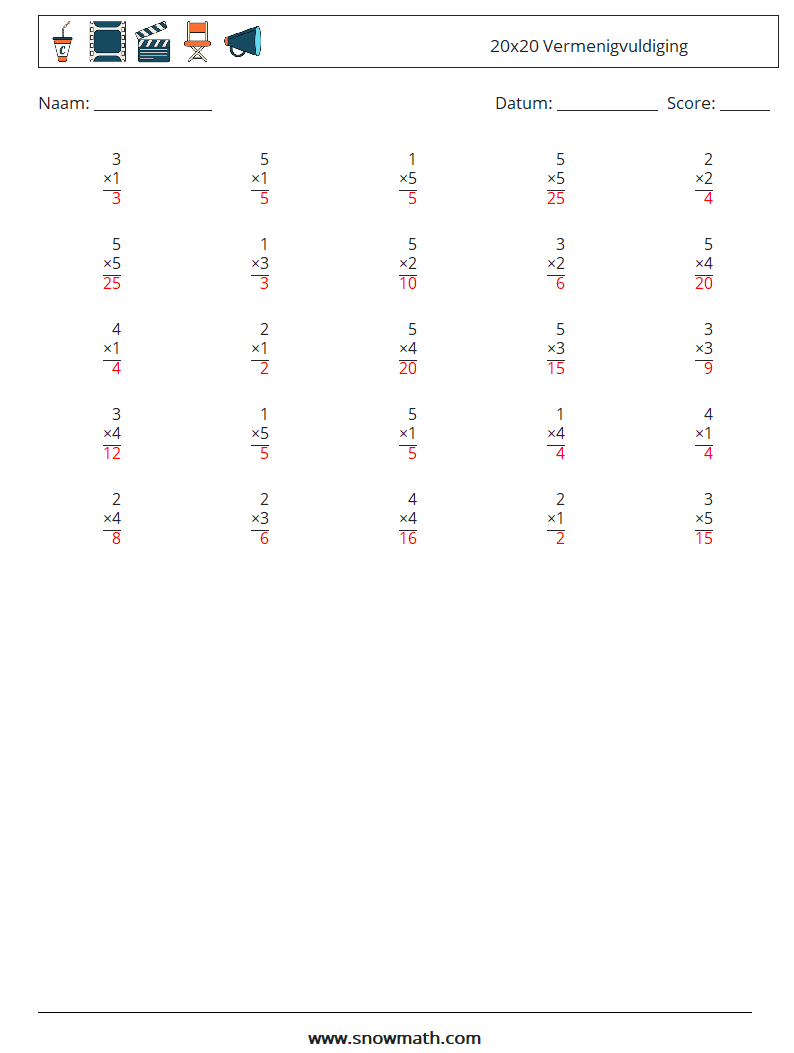 (25) 20x20 Vermenigvuldiging Wiskundige werkbladen 14 Vraag, Antwoord