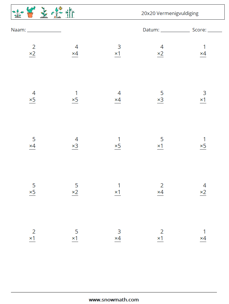 (25) 20x20 Vermenigvuldiging Wiskundige werkbladen 15