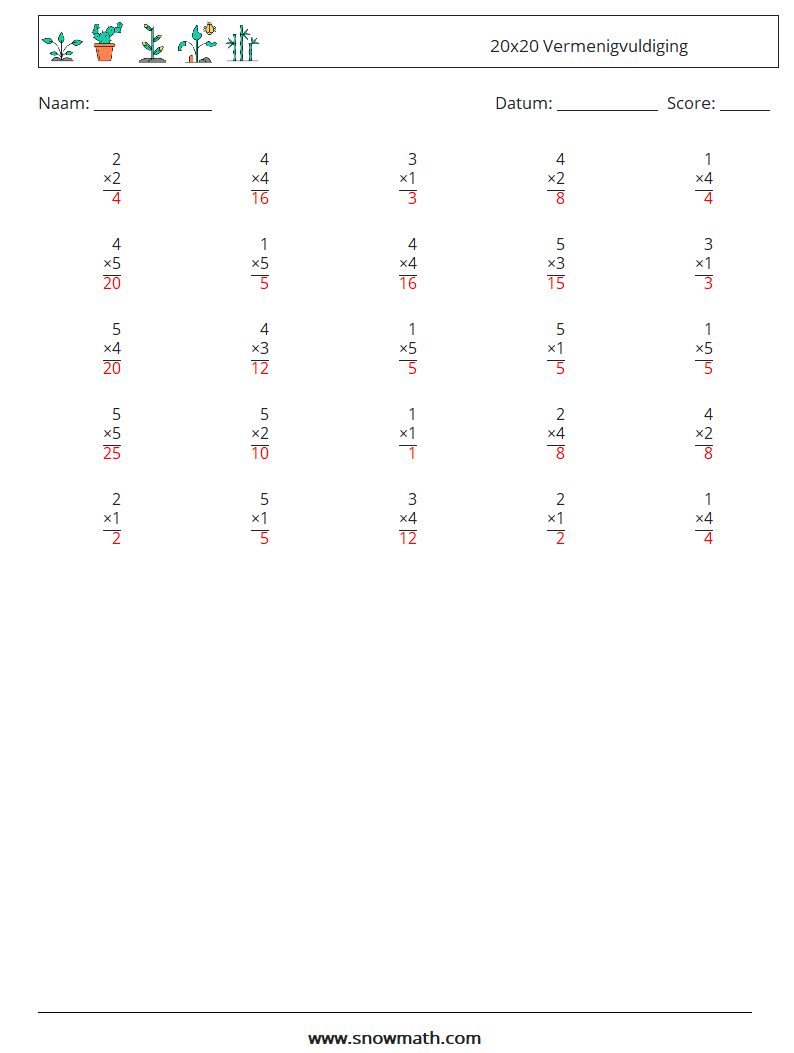 (25) 20x20 Vermenigvuldiging Wiskundige werkbladen 15 Vraag, Antwoord