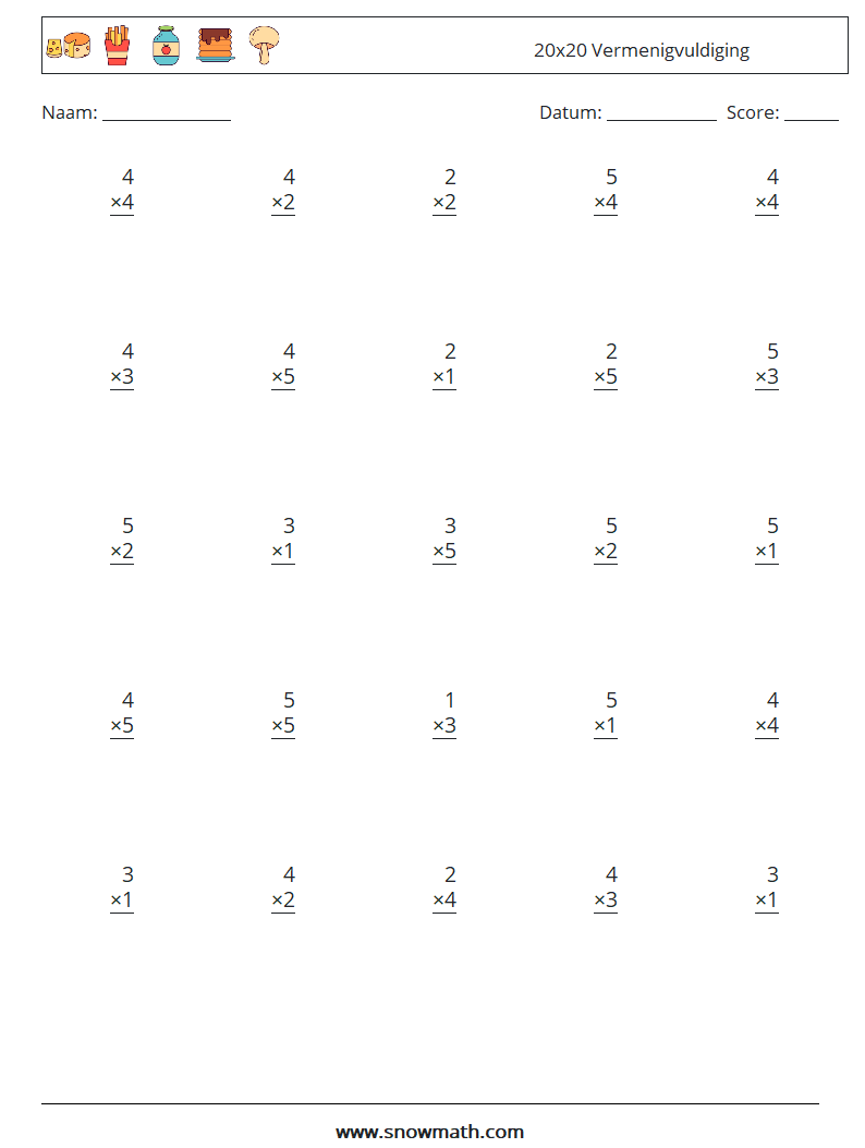 (25) 20x20 Vermenigvuldiging Wiskundige werkbladen 16