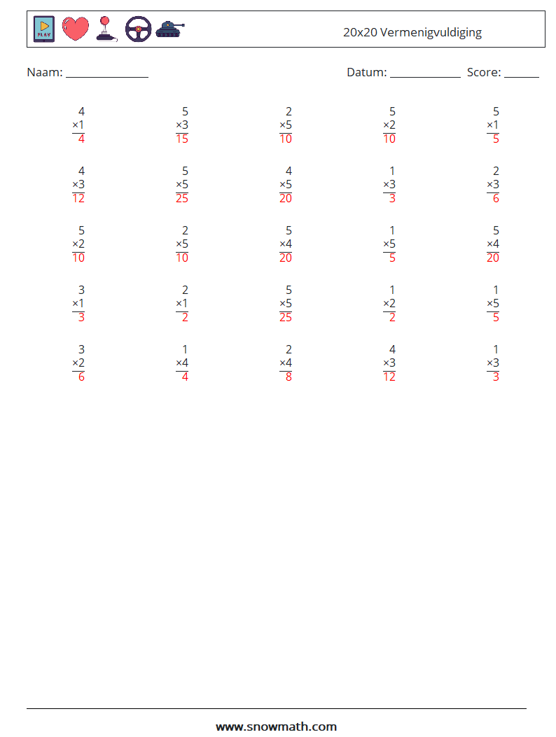 (25) 20x20 Vermenigvuldiging Wiskundige werkbladen 17 Vraag, Antwoord