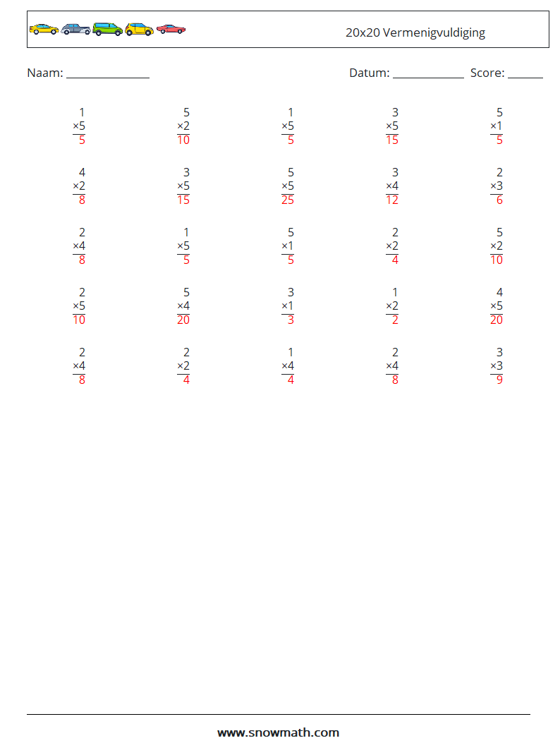 (25) 20x20 Vermenigvuldiging Wiskundige werkbladen 18 Vraag, Antwoord