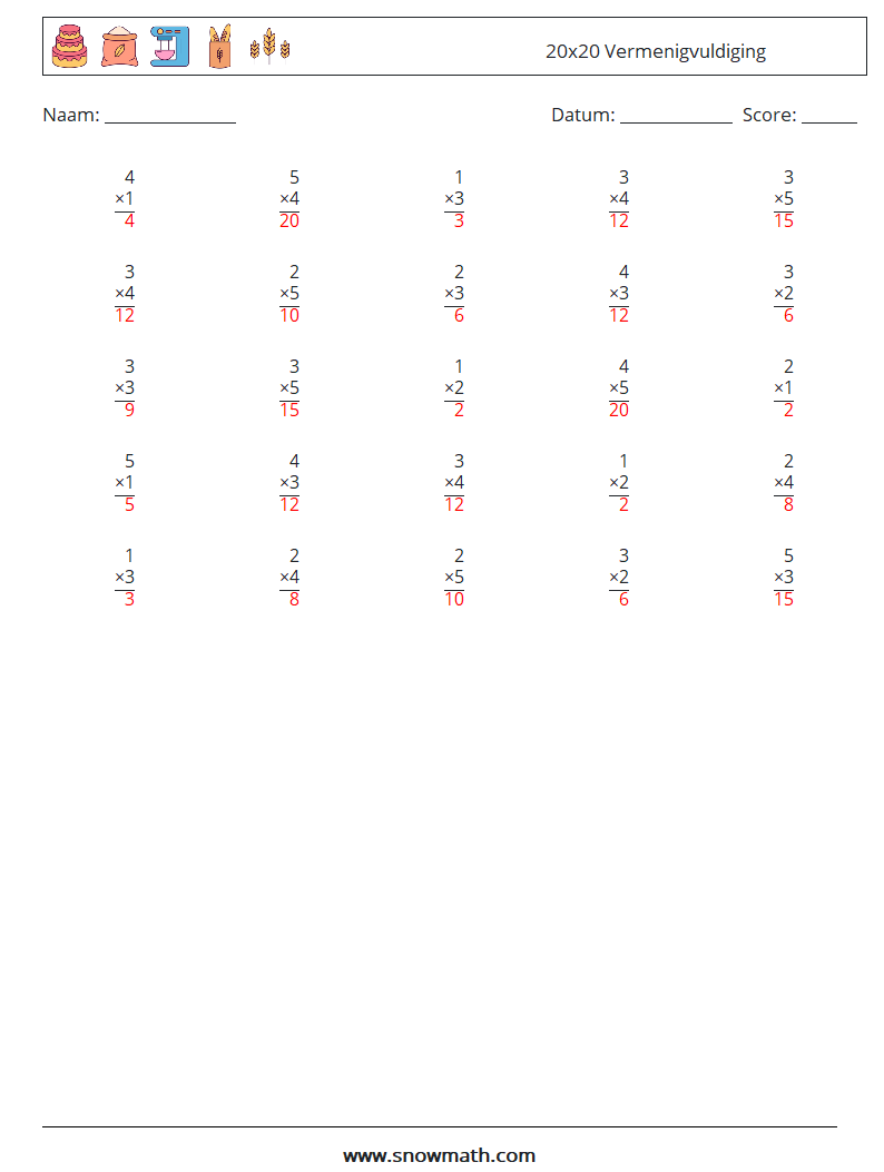 (25) 20x20 Vermenigvuldiging Wiskundige werkbladen 1 Vraag, Antwoord