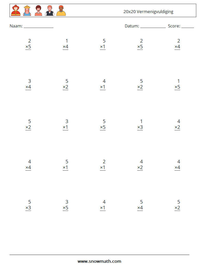 (25) 20x20 Vermenigvuldiging Wiskundige werkbladen 3