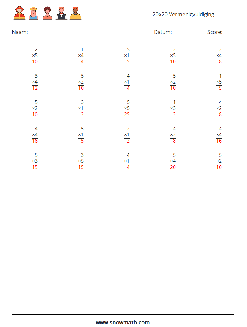 (25) 20x20 Vermenigvuldiging Wiskundige werkbladen 3 Vraag, Antwoord