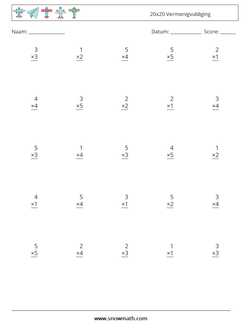 (25) 20x20 Vermenigvuldiging Wiskundige werkbladen 4