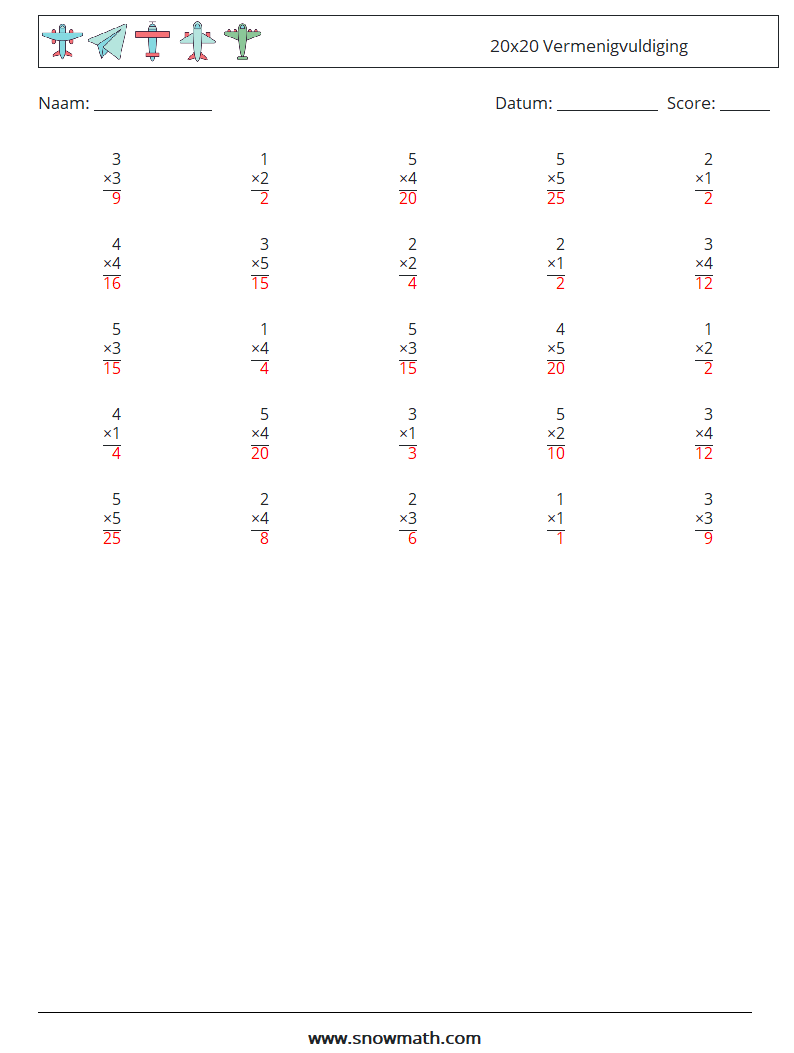 (25) 20x20 Vermenigvuldiging Wiskundige werkbladen 4 Vraag, Antwoord