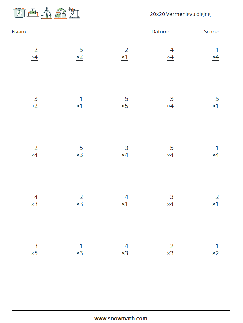 (25) 20x20 Vermenigvuldiging Wiskundige werkbladen 5