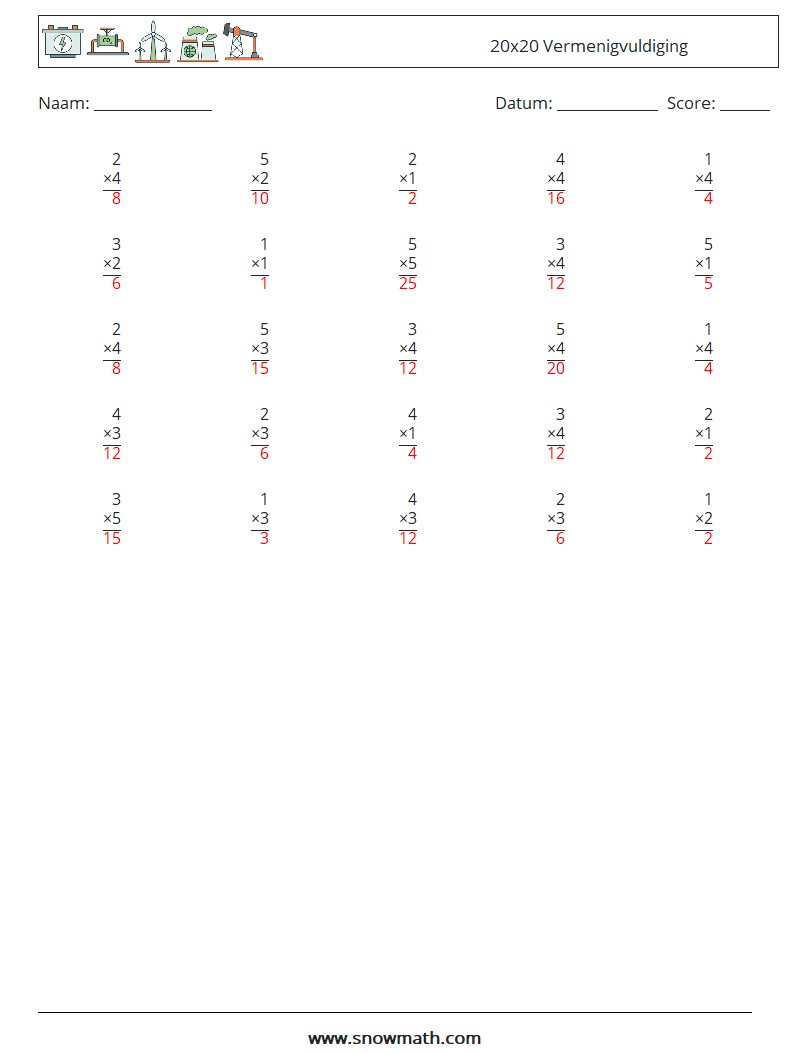 (25) 20x20 Vermenigvuldiging Wiskundige werkbladen 5 Vraag, Antwoord