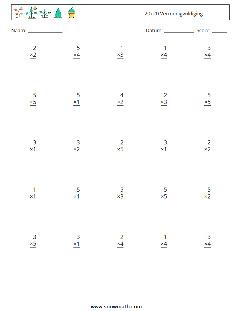 (25) 20x20 Vermenigvuldiging Wiskundige werkbladen 6