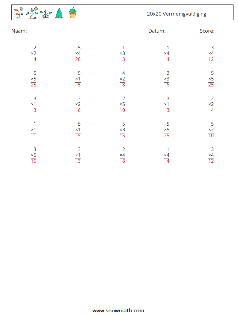 (25) 20x20 Vermenigvuldiging Wiskundige werkbladen 6 Vraag, Antwoord